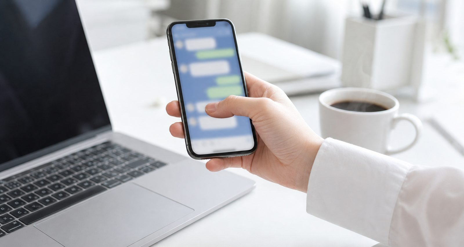 スマートフォンのチャットで気軽にやり取りしている手元